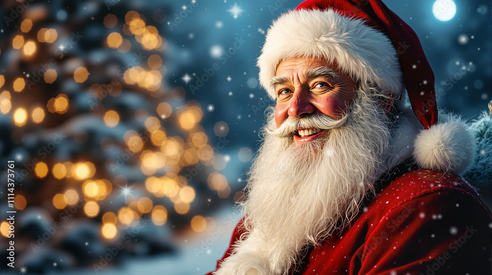 Cheerful Santa Claus in a Snowy Winter Wonderland, Surrounded by Sparkling Christmas Lights and Festive Trees, Bringing Holiday Joy and Magic to the Season Cheerful Santa Claus in a Snowy Winter Wonderland, Surrounded by Sparkling Christmas Lights and Festive Trees, Bringing Holiday Joy and Magic to the Season