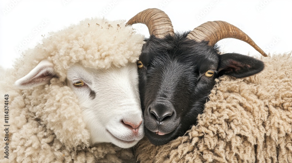Fototapeta premium Togetherness of Goat and Sheep in Soft Light