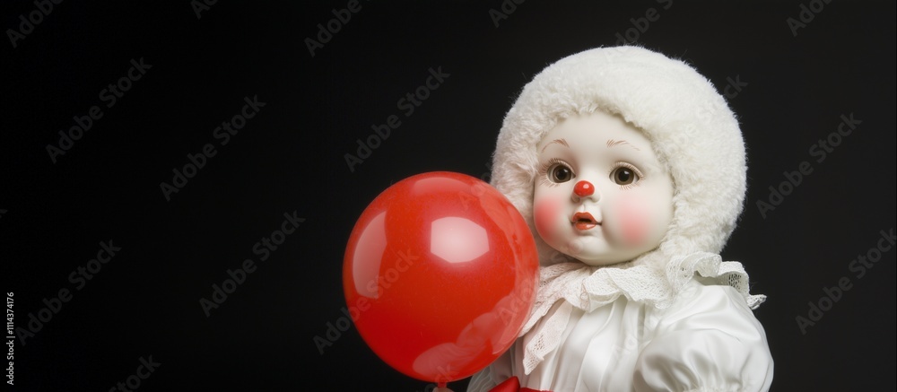 Fototapeta premium Clown doll holding a red balloon on a black background with space for text.
