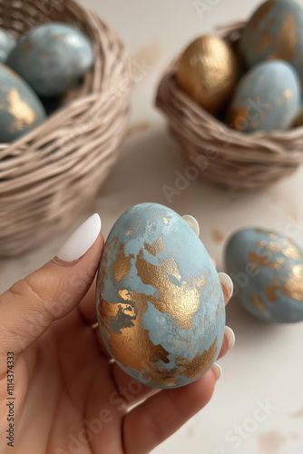 Close-up of hand holding a blue and gold decorative egg with baskets of similar eggs in the background, concept of artistic festive decoration