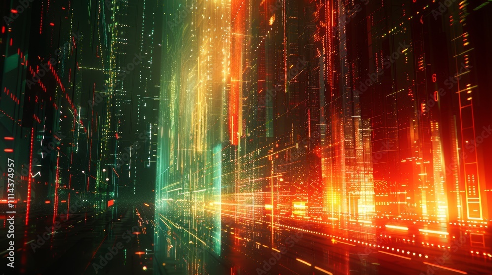 Fototapeta premium Futuristic city street at night with vibrant neon lights and glowing skyscrapers.