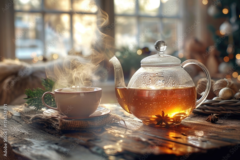 A ceramic tea pot and cup on a wooden table, perfect for a cozy morning or afternoon A ceramic tea pot and cup on a wooden table, perfect for a cozy morning or afternoon
