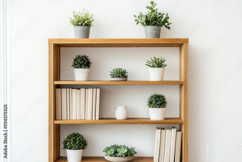 A modern wooden bookshelf displays a variety of potted plants and neatly arranged books, creating a fresh and inviting home decor aesthetic. A modern wooden bookshelf displays a variety of potted plants and neatly arranged books, creating a fresh and inviting home decor aesthetic.