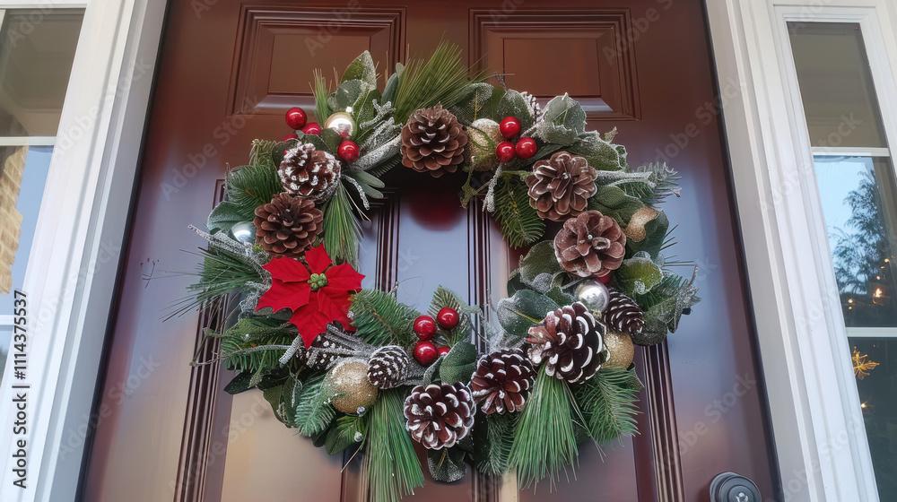 Vibrant handmade wreath with pine cones, frosted tips, and tiny ornaments, creating a festive entrance Vibrant handmade wreath with pine cones, frosted tips, and tiny ornaments, creating a festive entrance