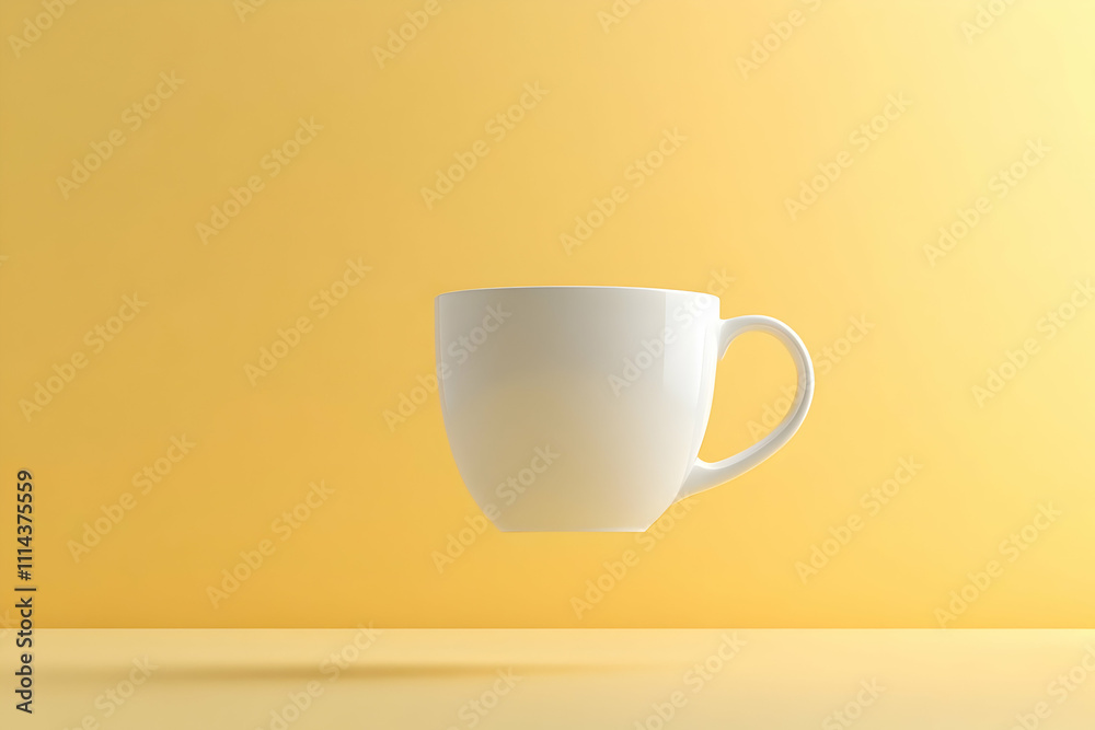 Floating white coffee mug on yellow background, showcasing mockup design with clear space for text. Pastel-colored studio background with sharp resolution for clean mockups. Floating white coffee mug on yellow background, showcasing mockup design with clear space for text. Pastel-colored studio background with sharp resolution for clean mockups.