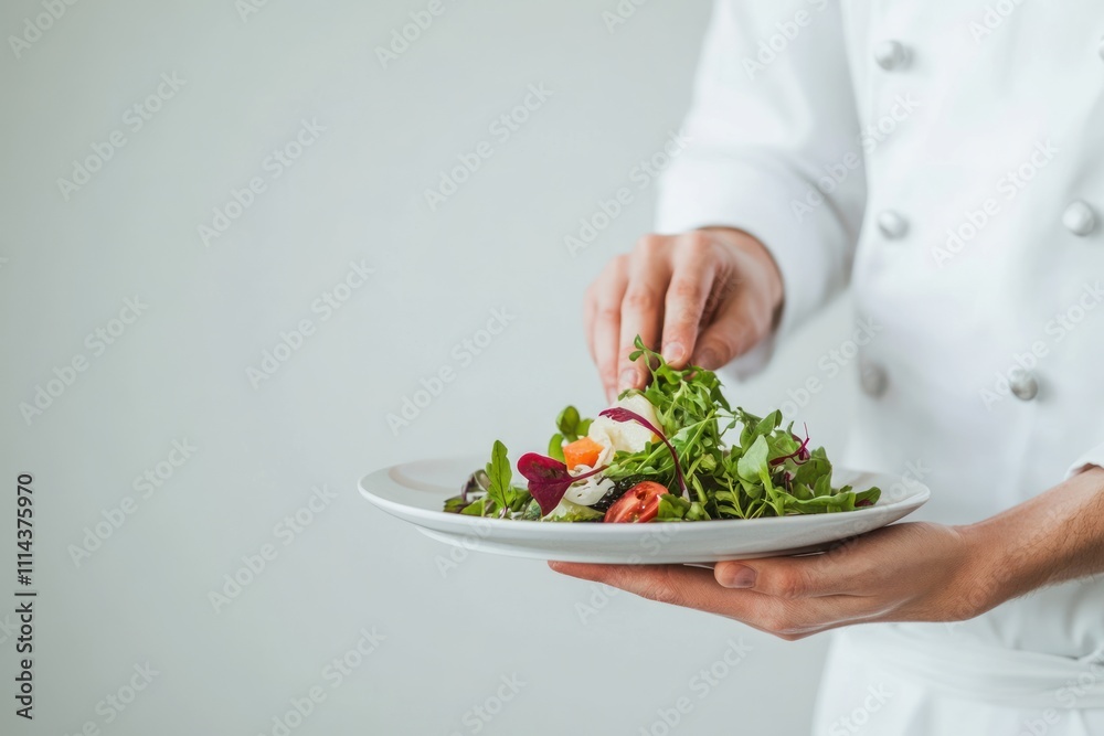 Chef Carefully Arranging Fresh Salad Ingredients on Plate Chef Carefully Arranging Fresh Salad Ingredients on Plate