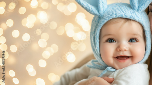 Adorable baby in a blue bunny ear hat with bokeh lights background, symbolizing Easter and cheerful spring vibes.