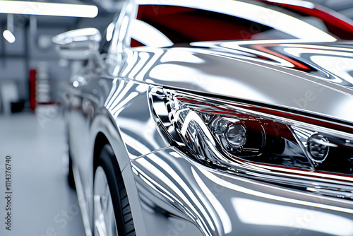 a car being meticulously polished, the surface reflecting workshop lighting photo