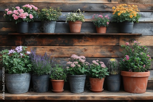 Indoor plants arranged on a wooden shelf, perfect for home decor or office use