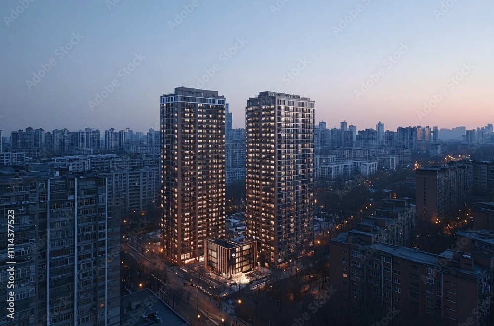 Fototapeta premium Aerial view of a city at night showcasing a solitary apartment building and office towers with illuminated facades, highlighting the vibrant real estate and commercial districts of the urban skyline.