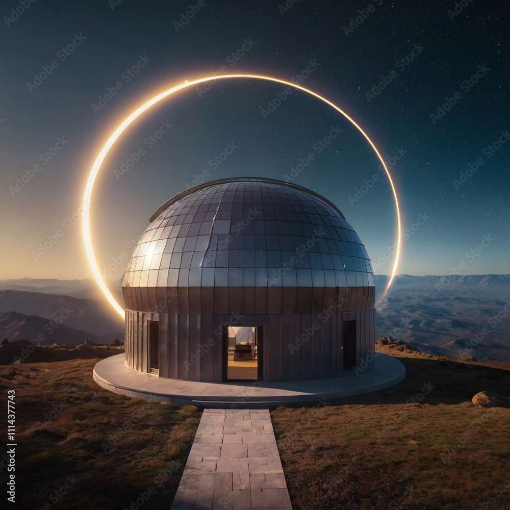 Obraz premium Astronomical observatory reveals spectacular solar eclipse under a starry sky in a remote mountainous location