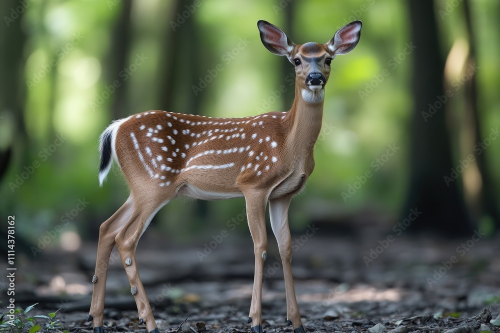 A small deer stands alone in the middle of a dense forest A small deer stands alone in the middle of a dense forest