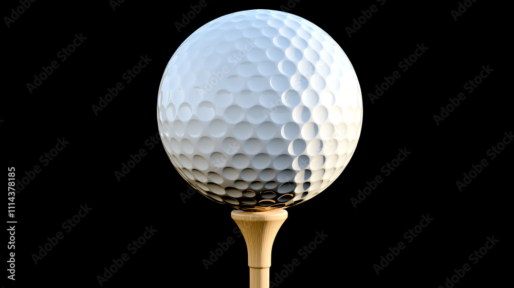 A golf ball on the tee, a perfect sphere with visible texture and light reflections, high resolution A golf ball on the tee, a perfect sphere with visible texture and light reflections, high resolution