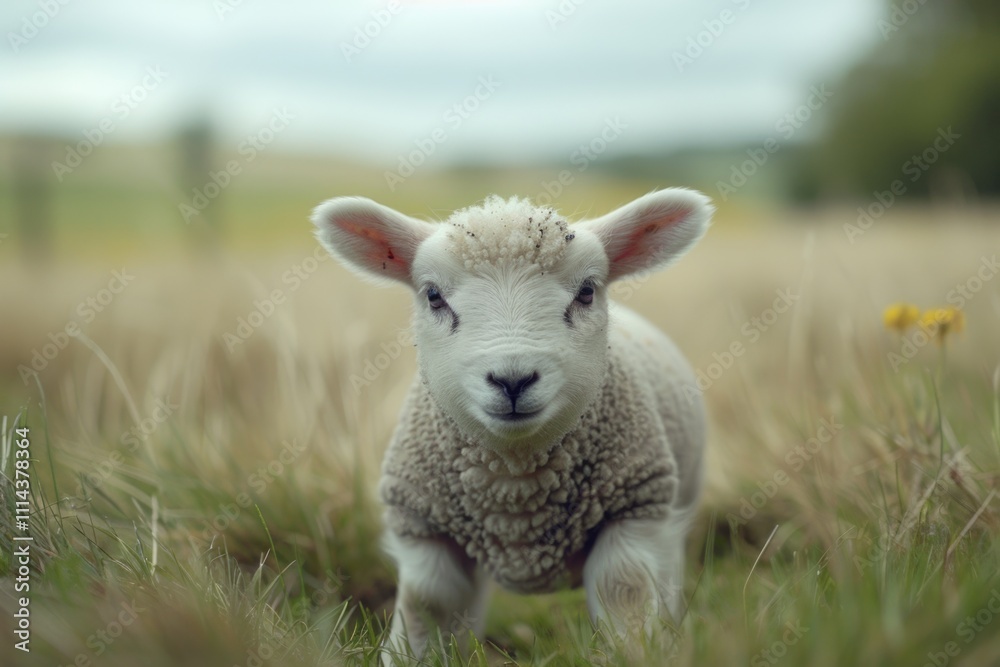 A sheep stands in a lush green field of tall grass, serene and natural