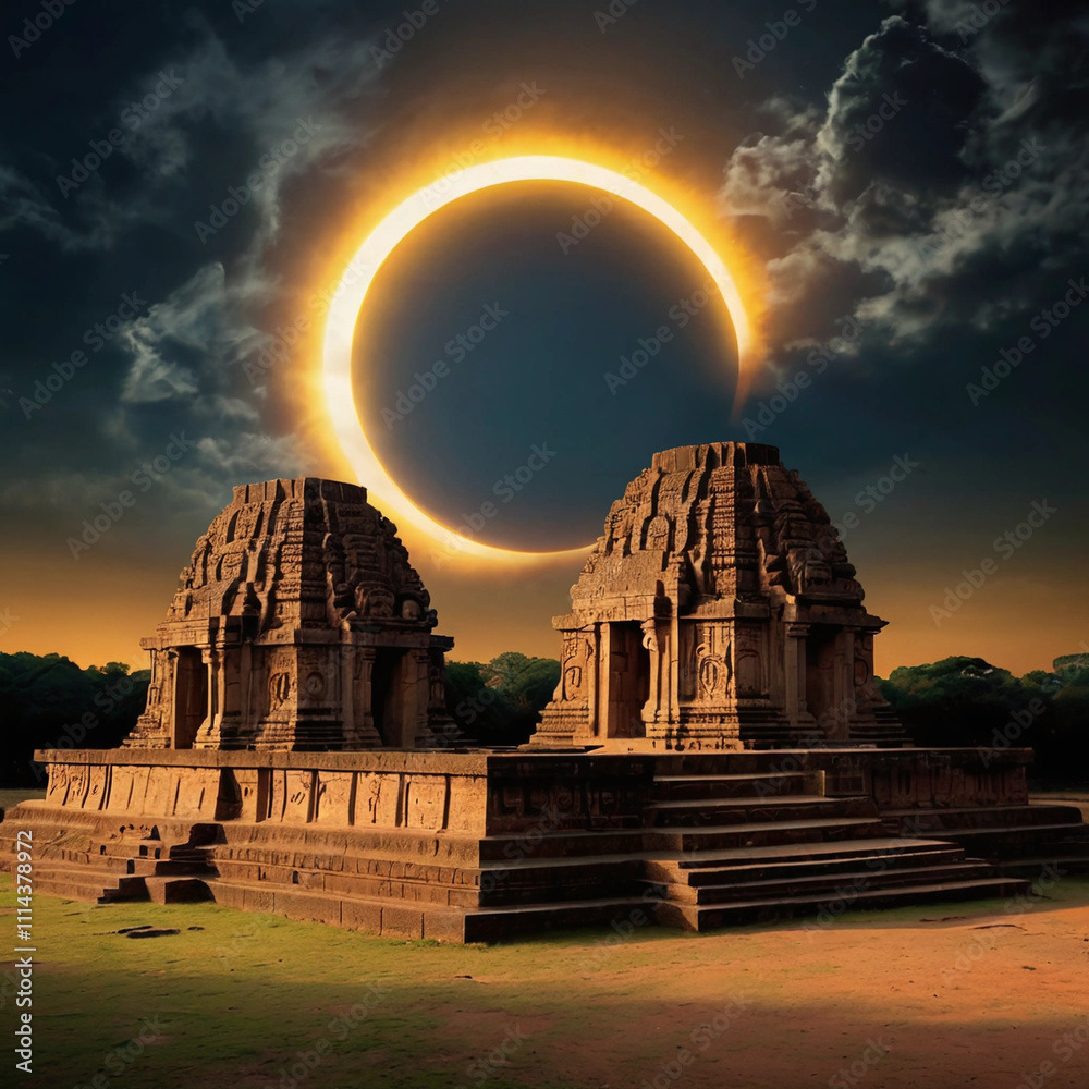 Obraz premium Stunning solar eclipse above ancient temples at dusk highlighting intricate architecture and celestial beauty