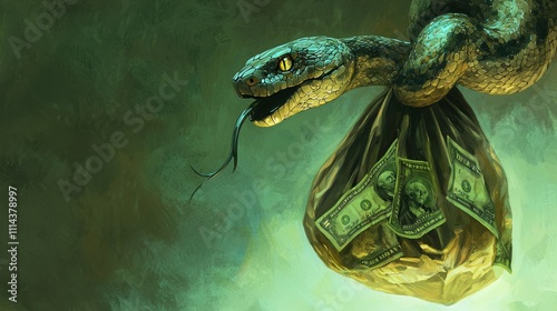 A snake holds a bag filled with money, symbolizing greed and deception in a dark, atmospheric setting.