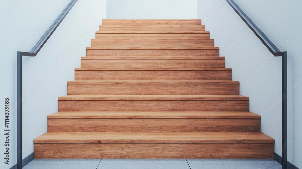 Floating wooden staircase with minimalist metal railings, clean and warm design in an office building Floating wooden staircase with minimalist metal railings, clean and warm design in an office building