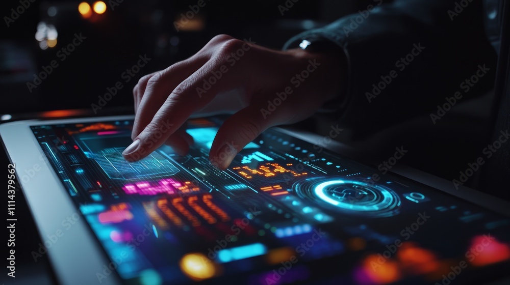 Close-up hand using futuristic tablet with glowing interface. Close-up hand using futuristic tablet with glowing interface.