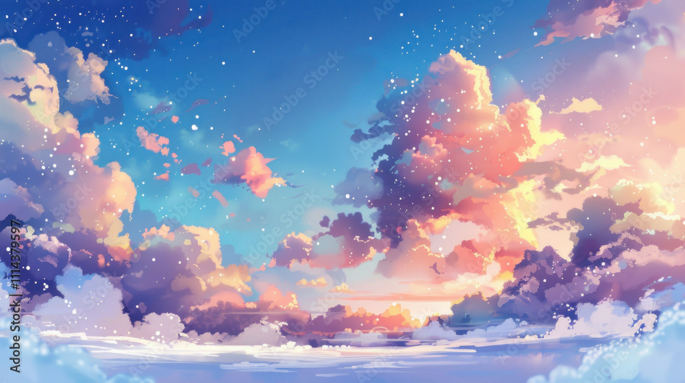 Winter evening sky with gentle snowfall and pastel-colored clouds, creating a cozy, serene scene Winter evening sky with gentle snowfall and pastel-colored clouds, creating a cozy, serene scene