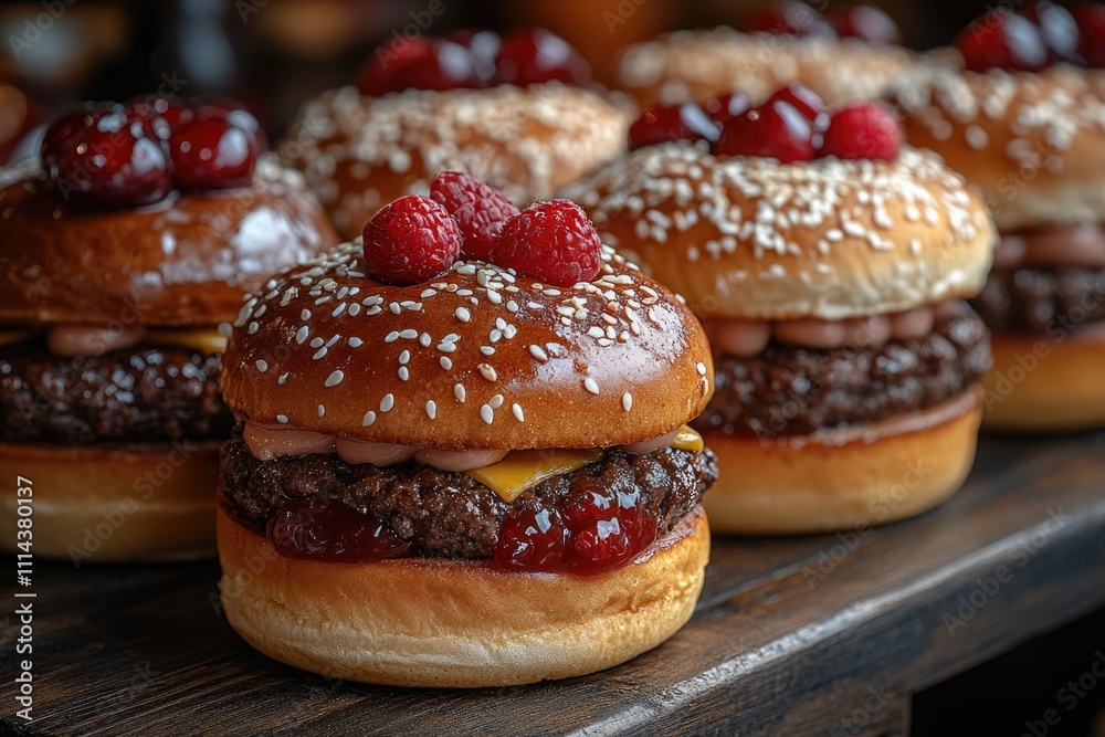 Platter of juicy hamburgers piled high with various toppings