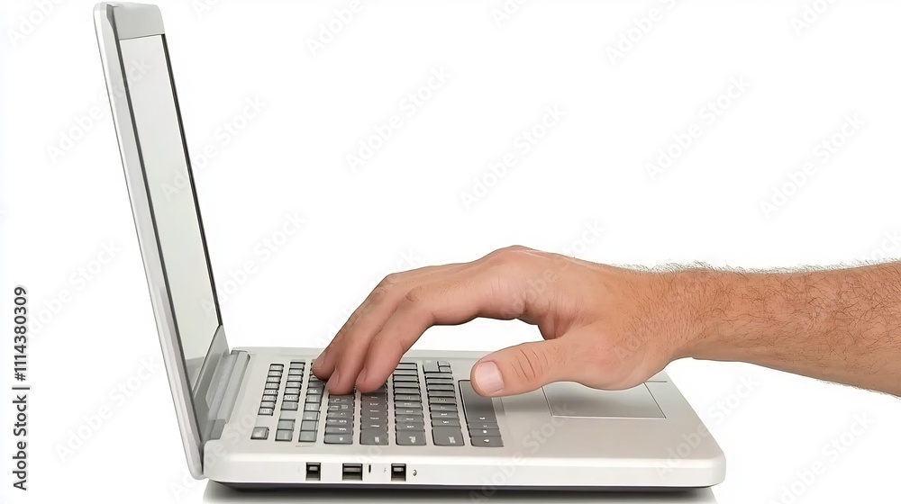 Hand Typing on a Silver Laptop, Isolated on White Background Hand Typing on a Silver Laptop, Isolated on White Background