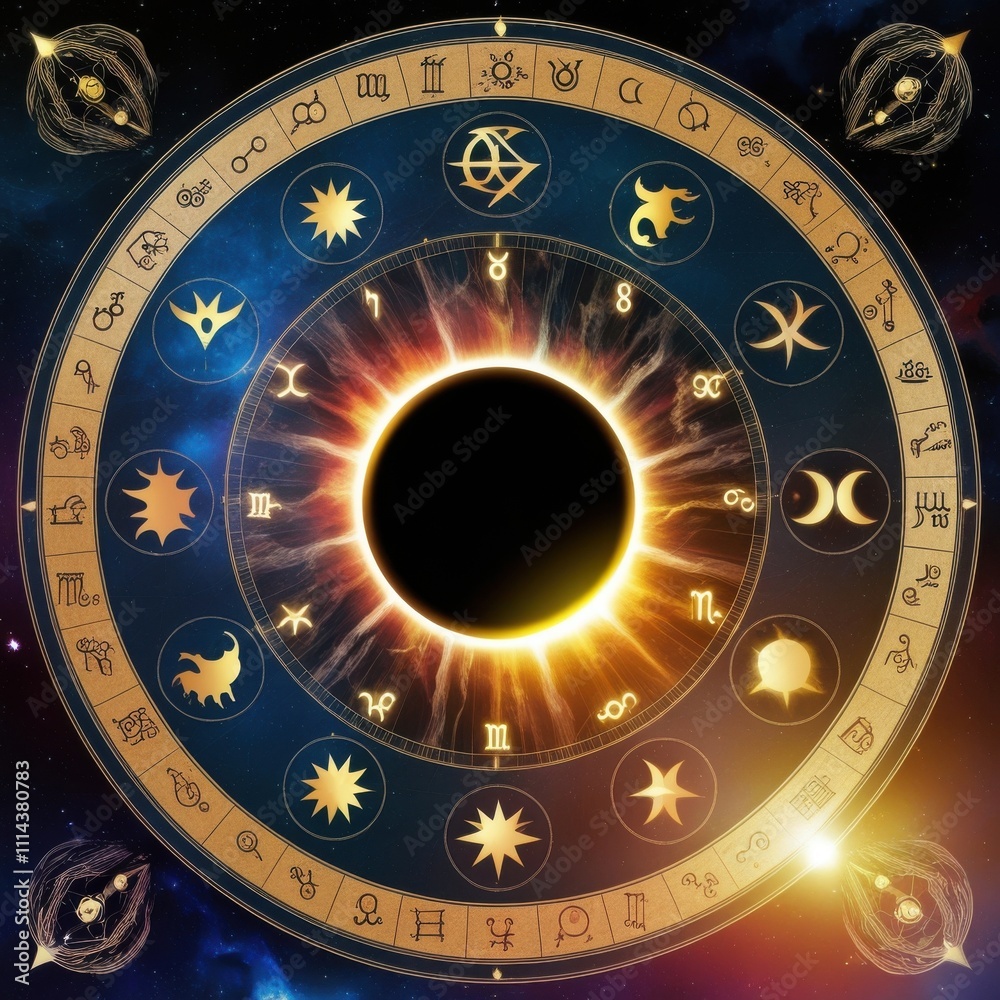 Obraz premium Cosmic alignment of zodiac signs with a solar eclipse in a mystical background