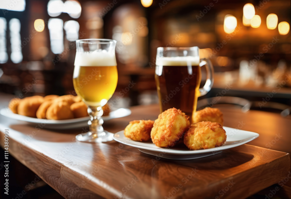 Croquetas doradas con cervezas clara y oscura en mesa de madera en un ambiente cálido de restaurante. Croquetas doradas con cervezas clara y oscura en mesa de madera en un ambiente cálido de restaurante.
