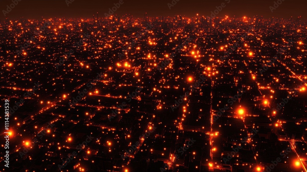Naklejka premium Aerial Night View of City Lights: A Sea of Orange Glowing in the Darkness