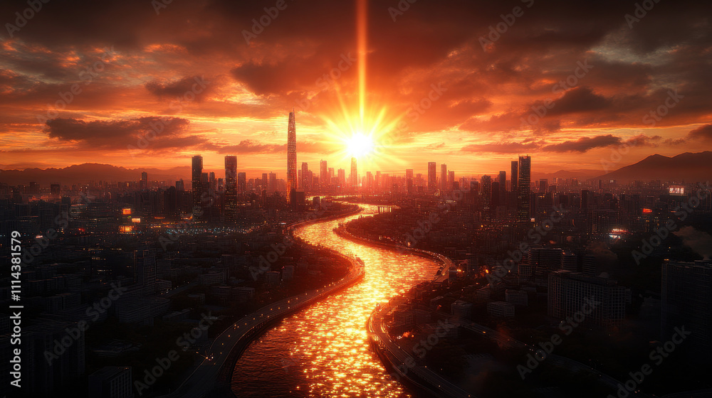 stunning sunset over city skyline with river reflecting golden light stunning sunset over city skyline with river reflecting golden light