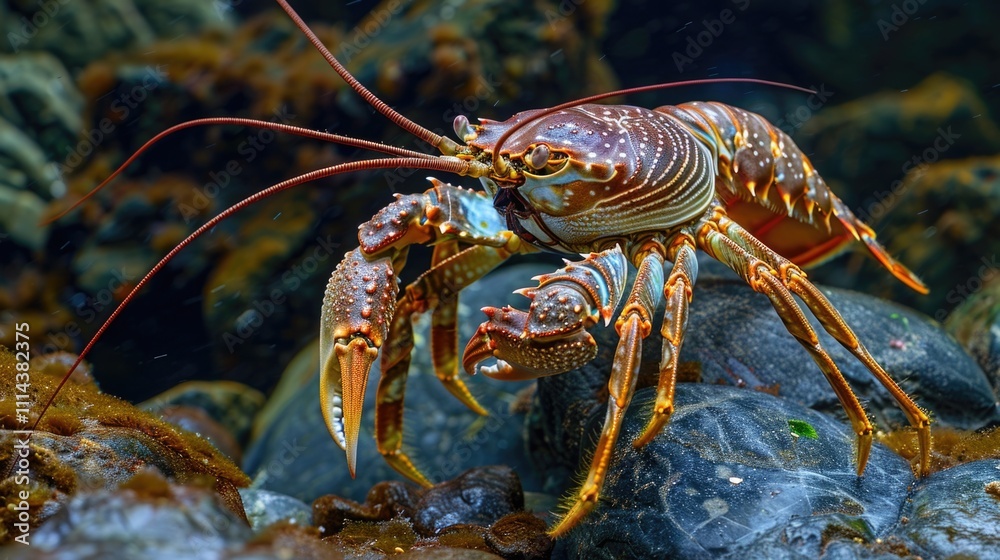 A large lobster stands on top of a rock, ready for something A large lobster stands on top of a rock, ready for something