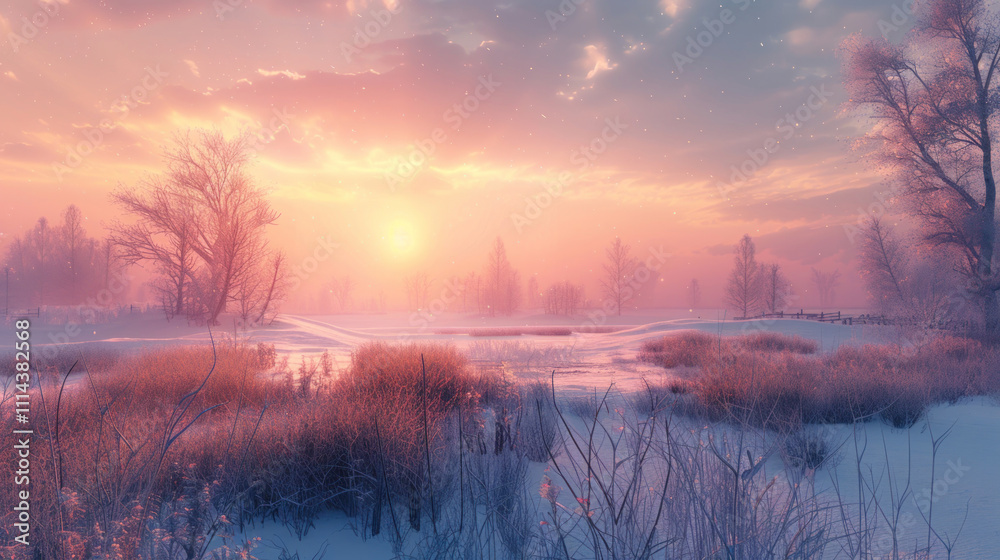 Fototapeta premium Winter sunrise casting a warm glow over a snow-covered field, creating a peaceful and inviting scene