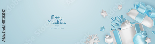 Happy New Year and Merry Christmas. Christmas holiday background with realistic 3d objects, bauble balls, conical metal stars. Levitation falling design composition.