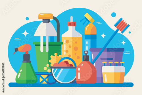Image showcases various cleaning supplies like bottles, brushes, and a sponge on a neat surface against a sky-blue background. Bright colors add to the simple and clean style.