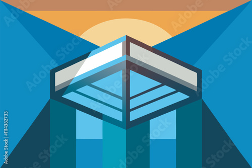 Stylized graphic art of a pyramid building in a colorful frame. White outline for 3D effect, orange to blue background, sun in corner. Modern, abstract, tranquil cityscape vibe with simple lines