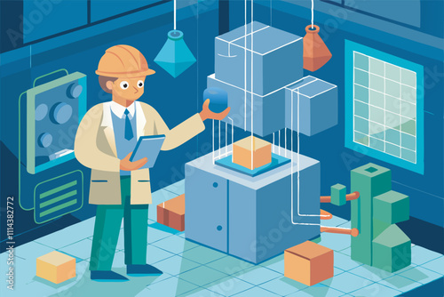 A man in a lab coat and hard hat holds a blue sphere in a dimly lit room with 3D models and tech equipment, hinting at a futuristic research setting.
