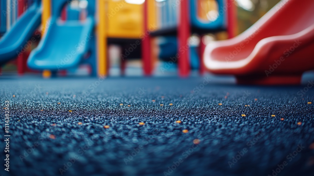 Close-up of blue playground surface with colorful slides in background. Close-up of blue playground surface with colorful slides in background.