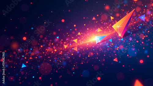 Dynamic abstract composition of vibrant, multicolored triangular shapes and prisms scattered across a dark background, creating a futuristic, energetic visual with vivid lighting effects