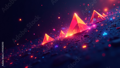 Dynamic abstract composition of vibrant, multicolored triangular shapes and prisms scattered across a dark background, creating a futuristic, energetic visual with vivid lighting effects