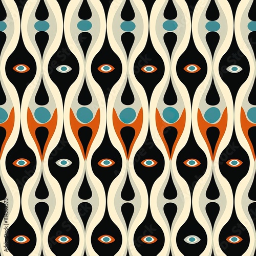Abstract Retro Pattern with Eyes and Teardrop Shapes