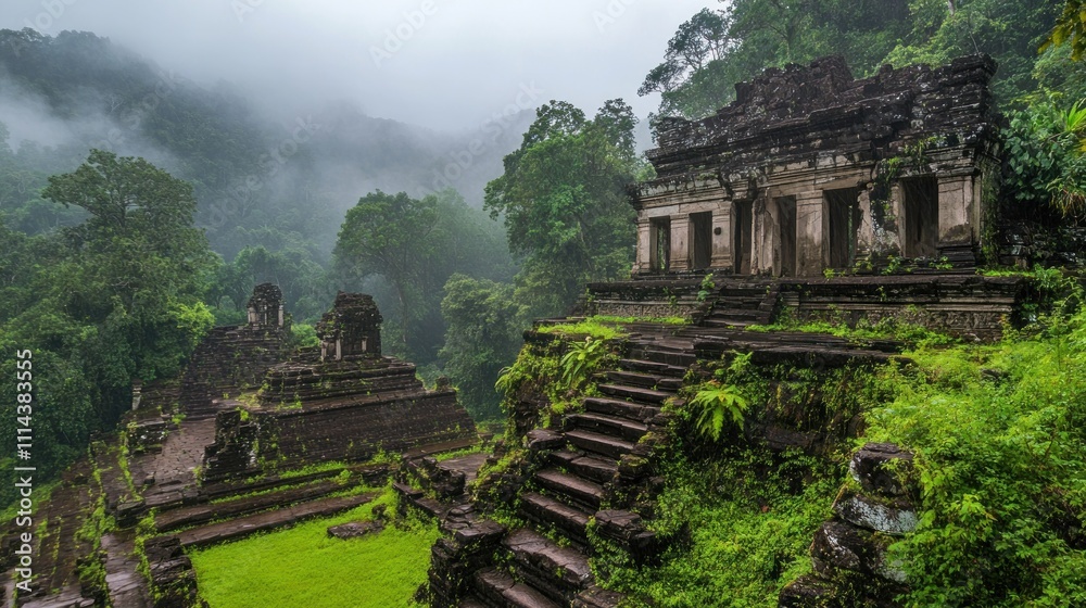 Misty mountain ruins, ancient temple overgrown with lush vegetation. Misty mountain ruins, ancient temple overgrown with lush vegetation.