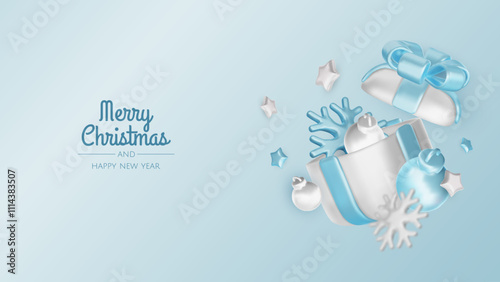 Happy New Year and Merry Christmas. Christmas holiday background with realistic 3d objects, bauble balls, conical metal stars. Levitation falling design composition.