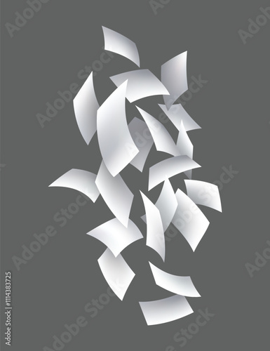 Falling paper sheets. Set of flying curved leaves of paper. Vector loose soar of notes with curled edges. Fly scattered notes, empty chaotic paperwork