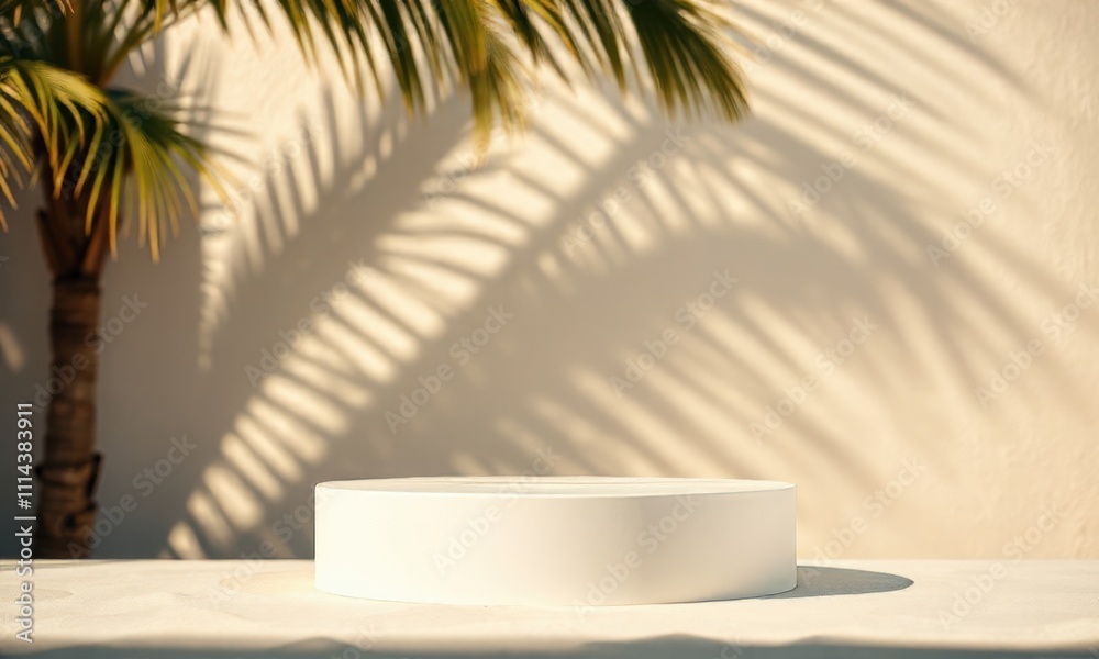 Fototapeta premium Tropical Summer Display: White Cylindrical Podium with Palm Tree Shadow. Perfect for showcasing products or branding in a summery, tropical setting.