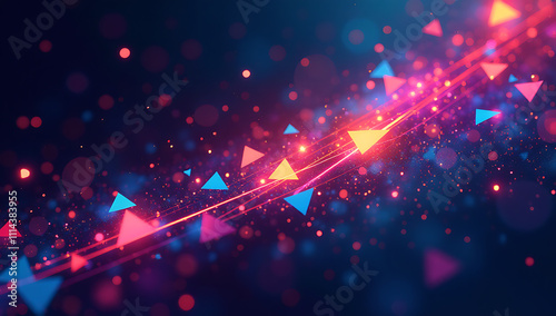 Dynamic abstract composition of vibrant, multicolored triangular shapes and prisms scattered across a dark background, creating a futuristic, energetic visual with vivid lighting effects