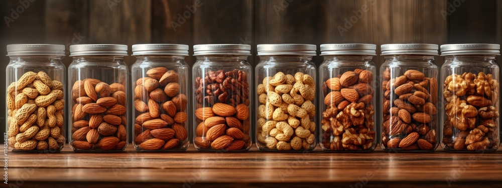 Assorted Nuts in Glass Jars Almonds Walnuts Peanuts Cashews Healthy Snack Food Photography Assorted Nuts in Glass Jars Almonds Walnuts Peanuts Cashews Healthy Snack Food Photography