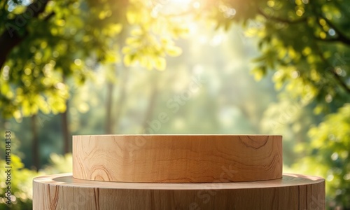 Natural Wooden Podium in a Sun-Drenched Forest: Two wooden tiers on a natural backdrop of lush green foliage and warm sunlight, perfect for showcasing products or designs in a sustainable. photo