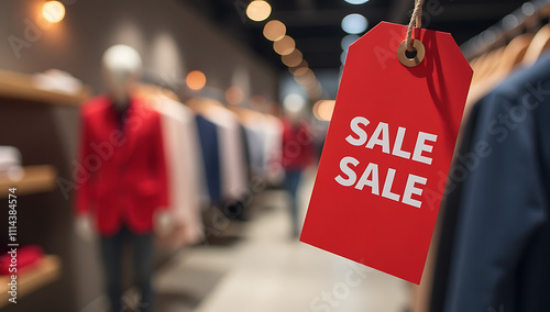 Red sale tag hanging in a retail store with a blurred background of clothes and lights, representing retail sales, discounts, and promotions in a stylish and inviting shopping environment 