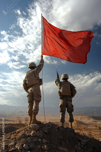 Soldiers raising a flag together on contested ground, symbolizing unity in struggle photo