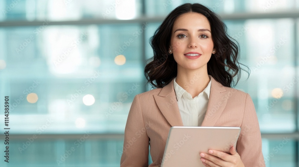 Trendy modern and influential, A confident woman in a professional setting holds a tablet, smiling at the camera, with a modern office backdrop. Trendy modern and influential, A confident woman in a professional setting holds a tablet, smiling at the camera, with a modern office backdrop.