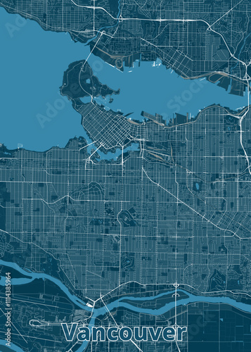 The image depicts a detailed map of Vancouver, Canada, rendered in a minimalist style. The map is dominated by a deep blue color, representing water bodies, with white lines outlining streets, roads.